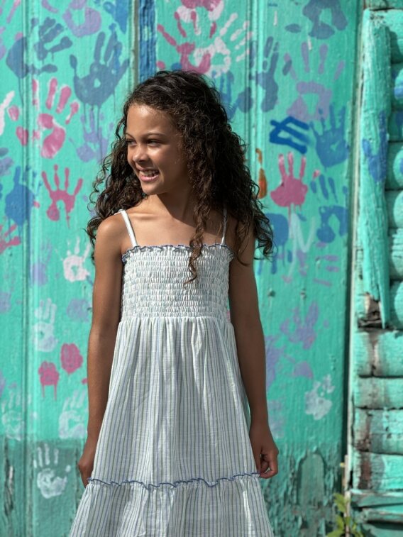 Shirred Strappy Sundress in Green Stripe