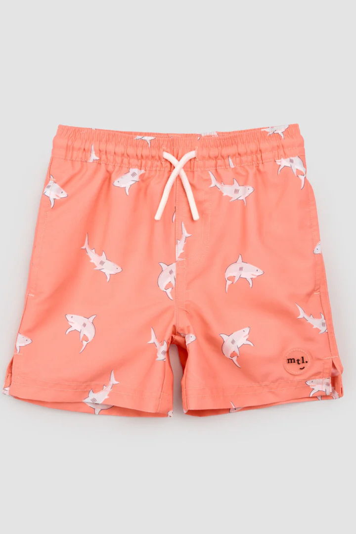 Sharks Print on Coral Swim Trunks - Hot Peppers Clothing