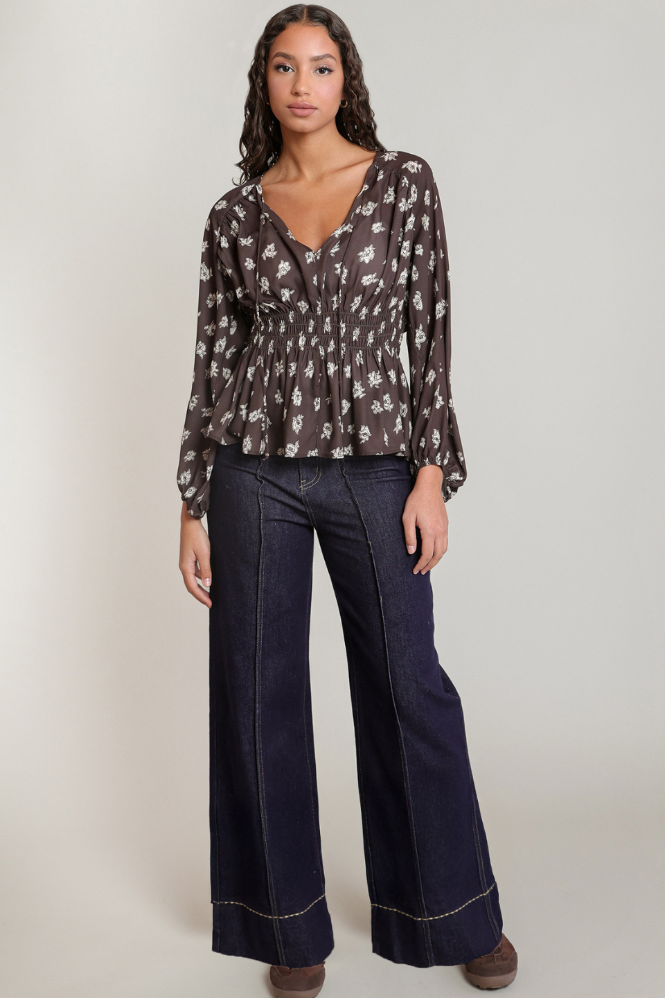 Dex Phoebe Floral Smocked-Waist Blouse