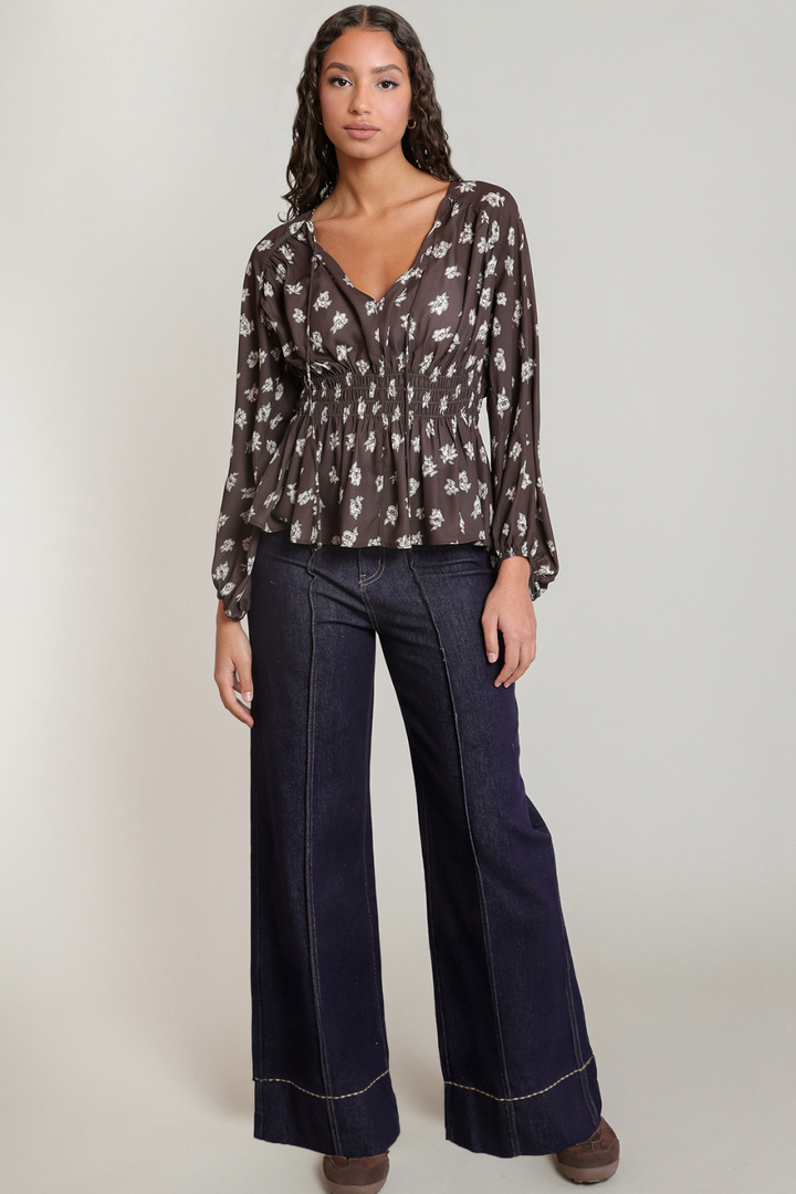 Dex Phoebe Floral Smocked-Waist Blouse