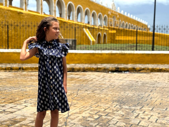 Frilled Bib Shirt Dress in Dark Blue