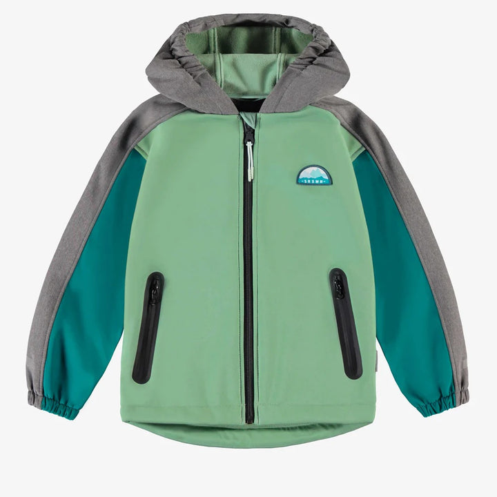 Green, turquoise and grey hooded coat in soft shell