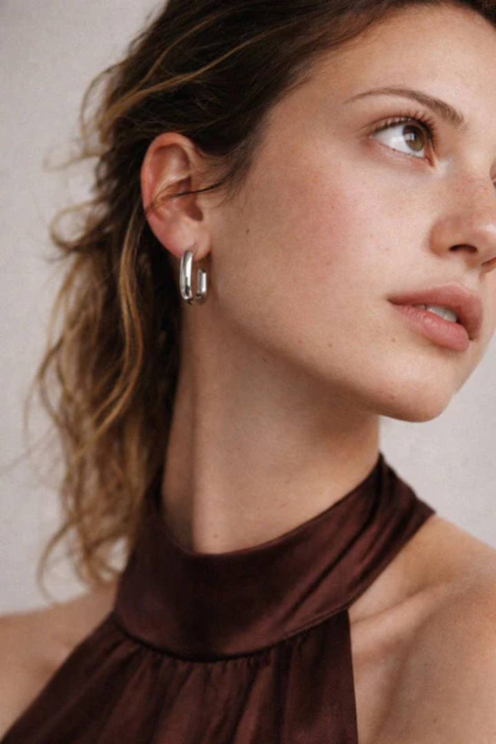 Silver rectangular stainless steel hoop earrings - Hot Peppers Clothing
