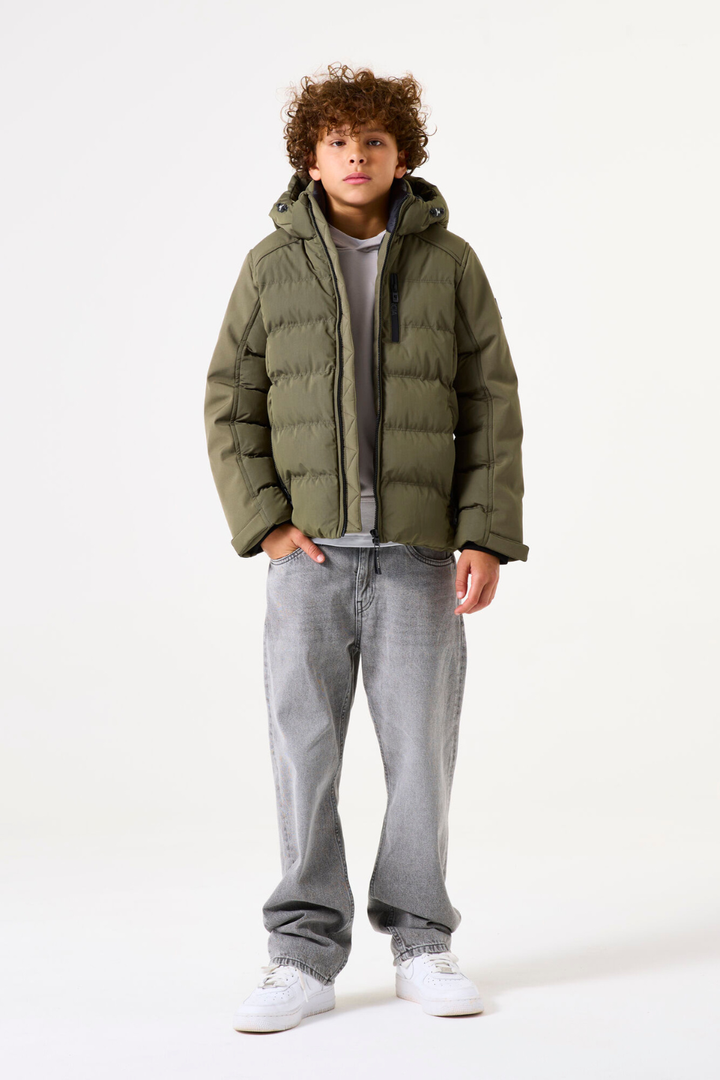 Green softshell puffer jacket