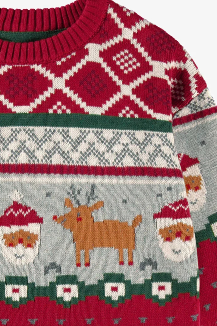 Red knit sweater with festive patterns