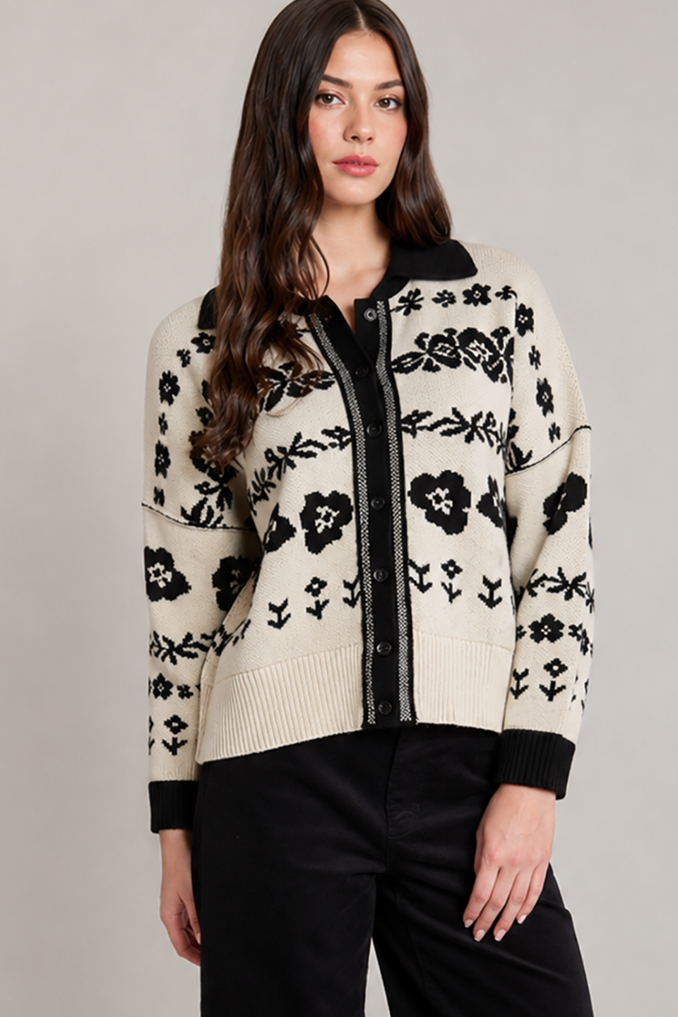 Dex Sylvie Floral Jacquard Collared Cardigan