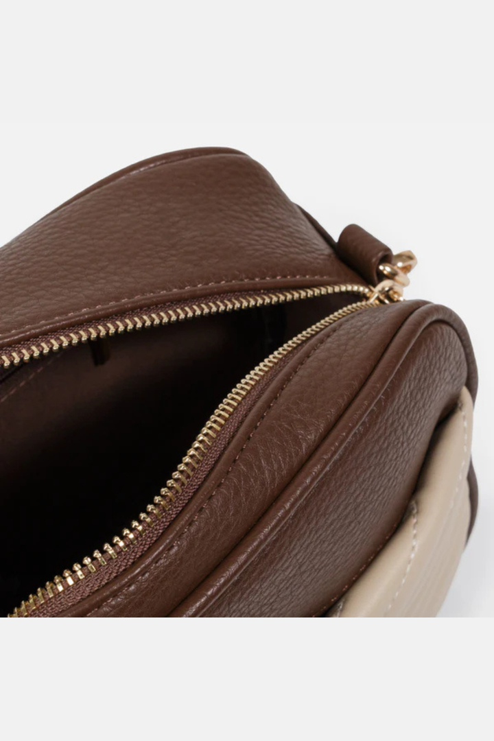 Dark Brown PU Crossbody Handbag &amp; Beige Quilted Clutch - Hot Peppers Clothing