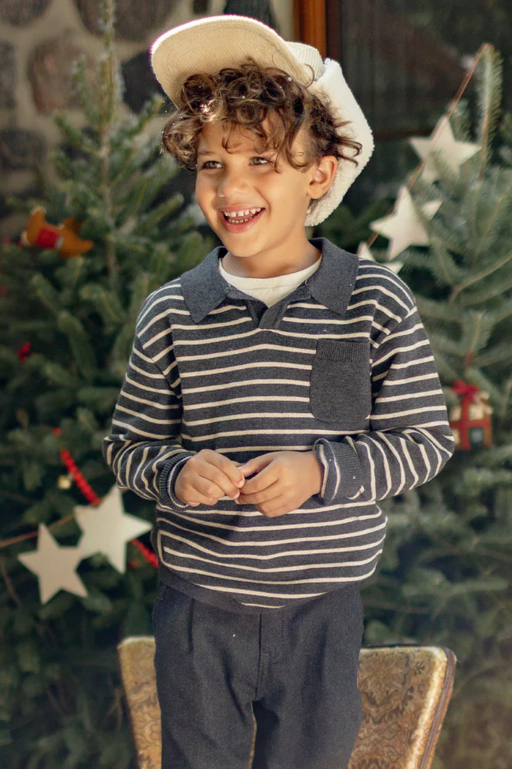 Gray striped knit polo shirt