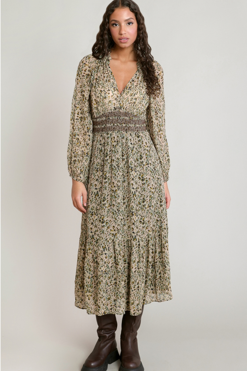 Dex Elara Smocked-Waist Midi Dress