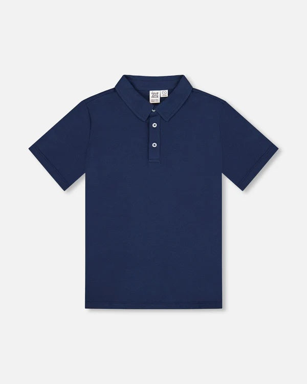  Navy Blue, Short sleeves, Three button placket, Knit collar.