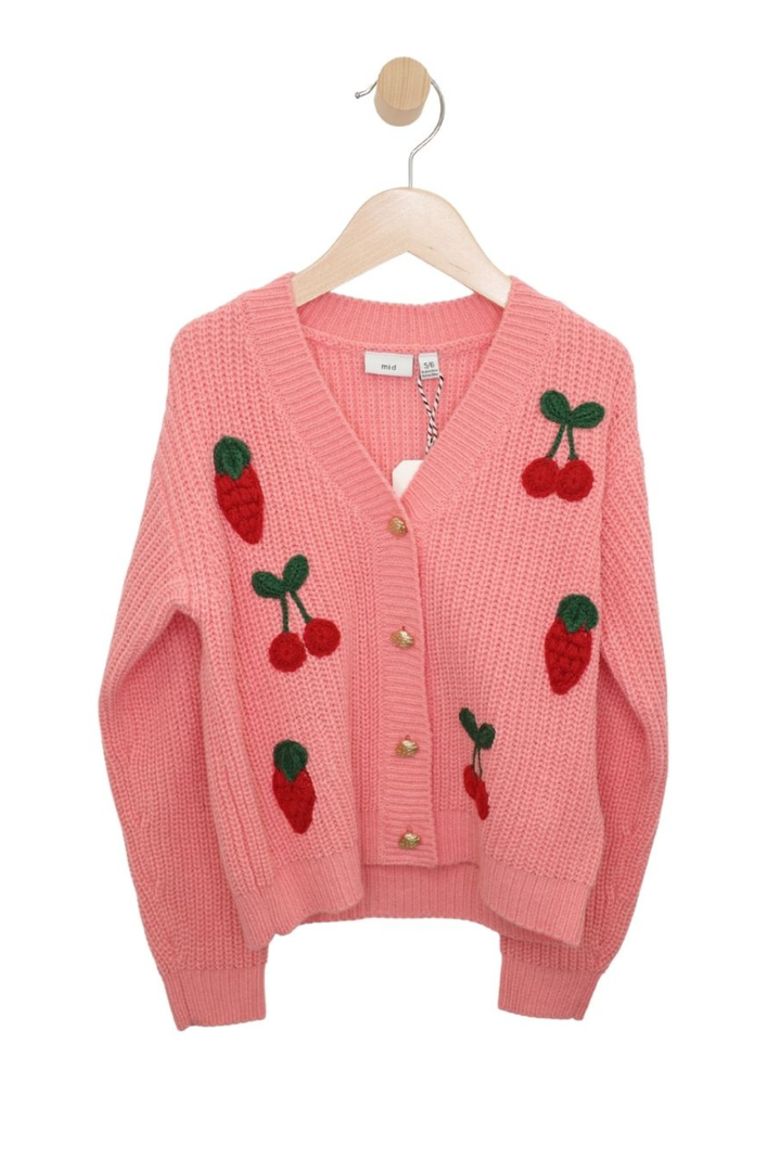 Girls’ Pink Fruit Appliqué Cardigan - Hot Peppers Clothing