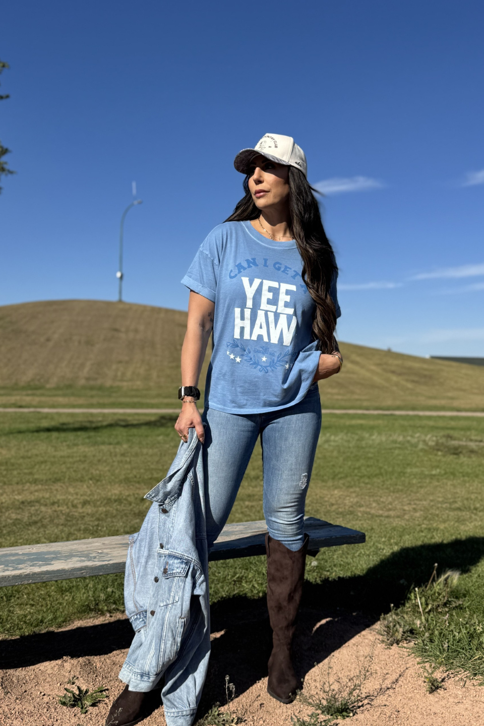 Can I Get A Yeehaw Denim Blue Boyfriend Tee