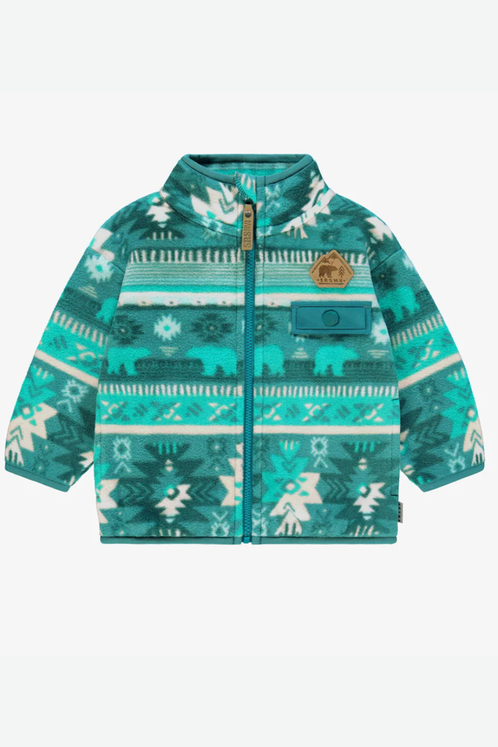 Turquoise fleece jacket with patterns