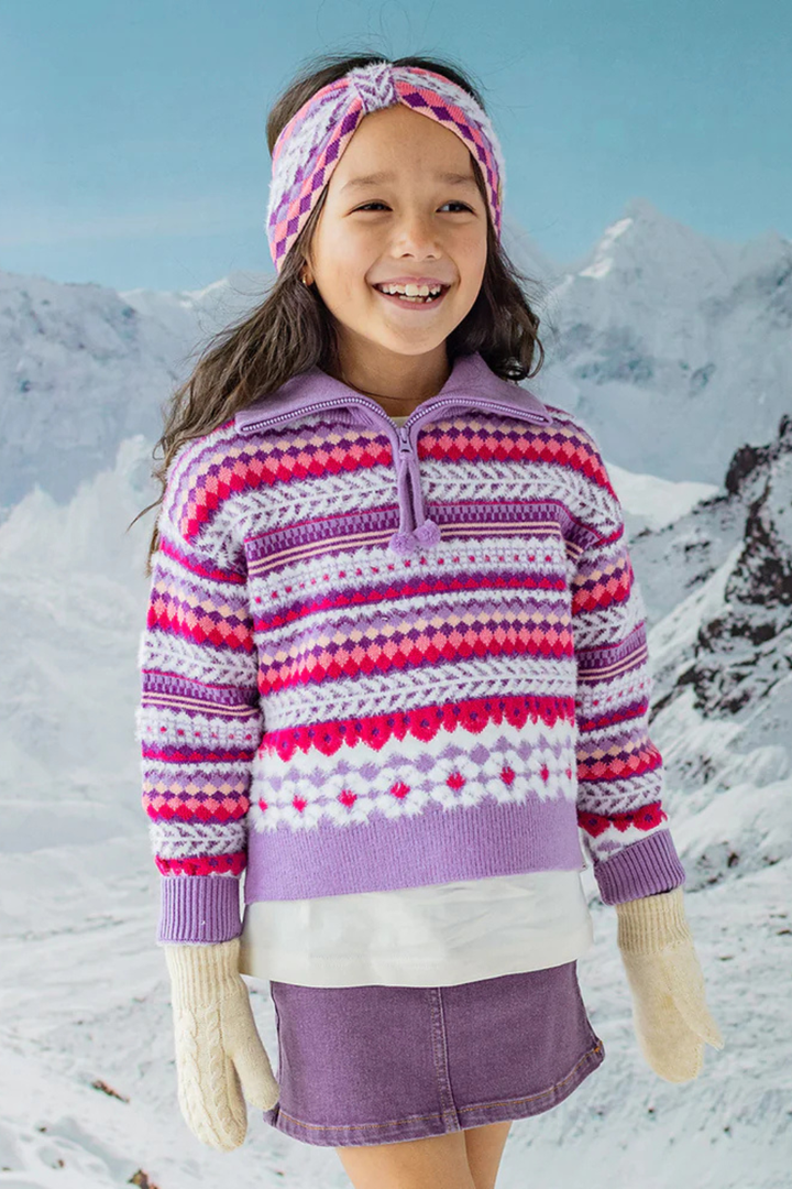 Purple knit sweater with patterns