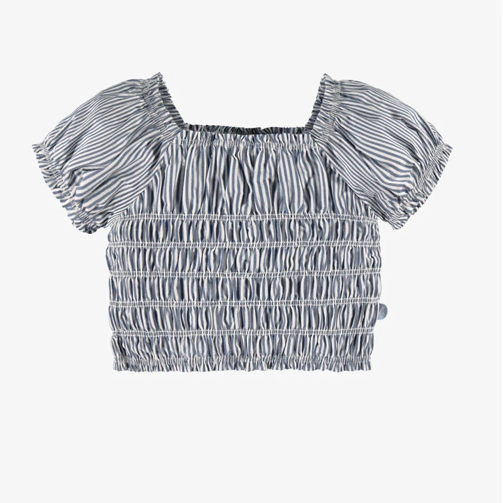 Blue and white blouse in poplin with honeycomb and stripes
