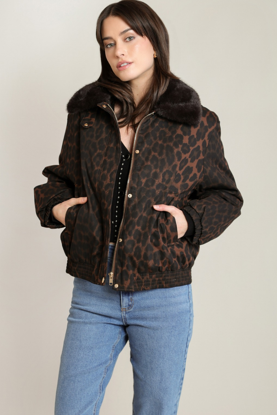 Black Tape Saskia Leopard Padded Bomber Jacket