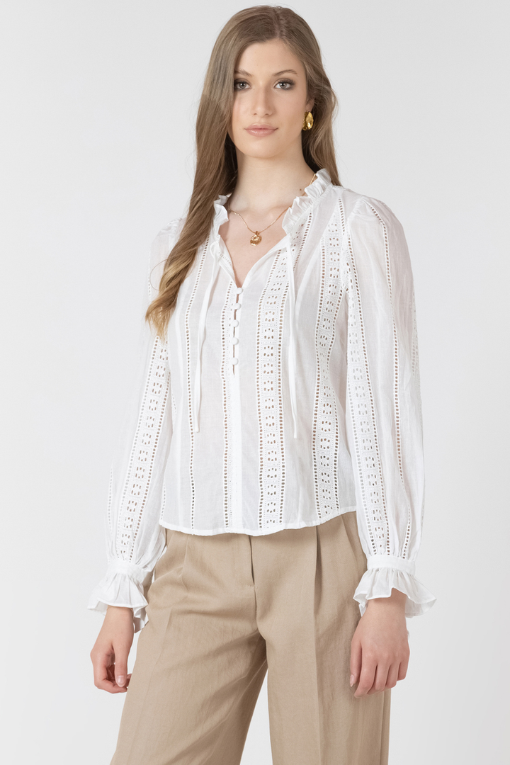 Black Tape Farra Tie-Cuff Lace Insert Blouse - Hot Peppers Clothing