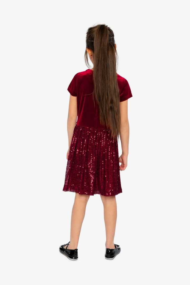 Deux Par Deux Bi-Material Short Sleeve Dress With Glittering Skirt Red