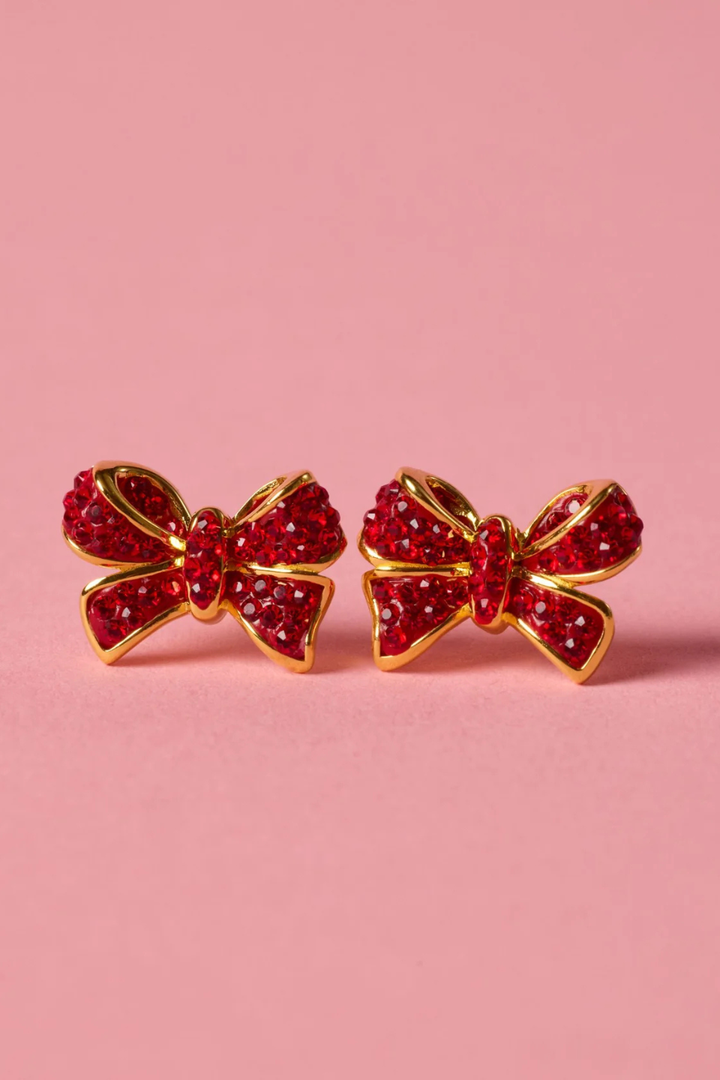 Red Velvet Sparkle Bow Stud Earrings