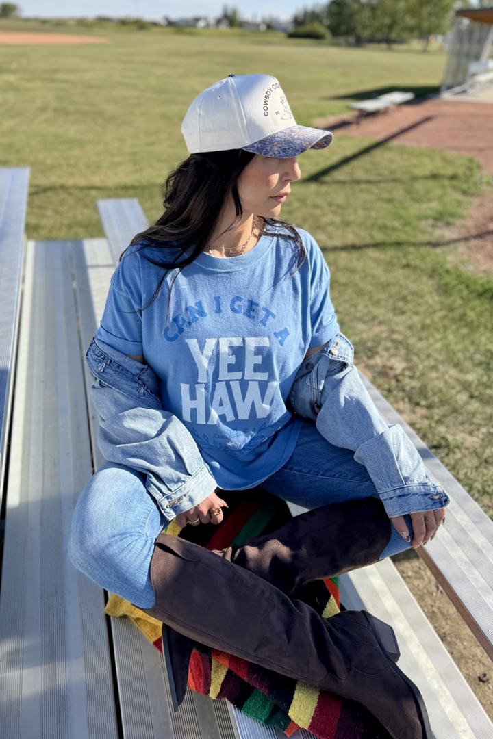 Can I Get A Yeehaw Denim Blue Boyfriend Tee