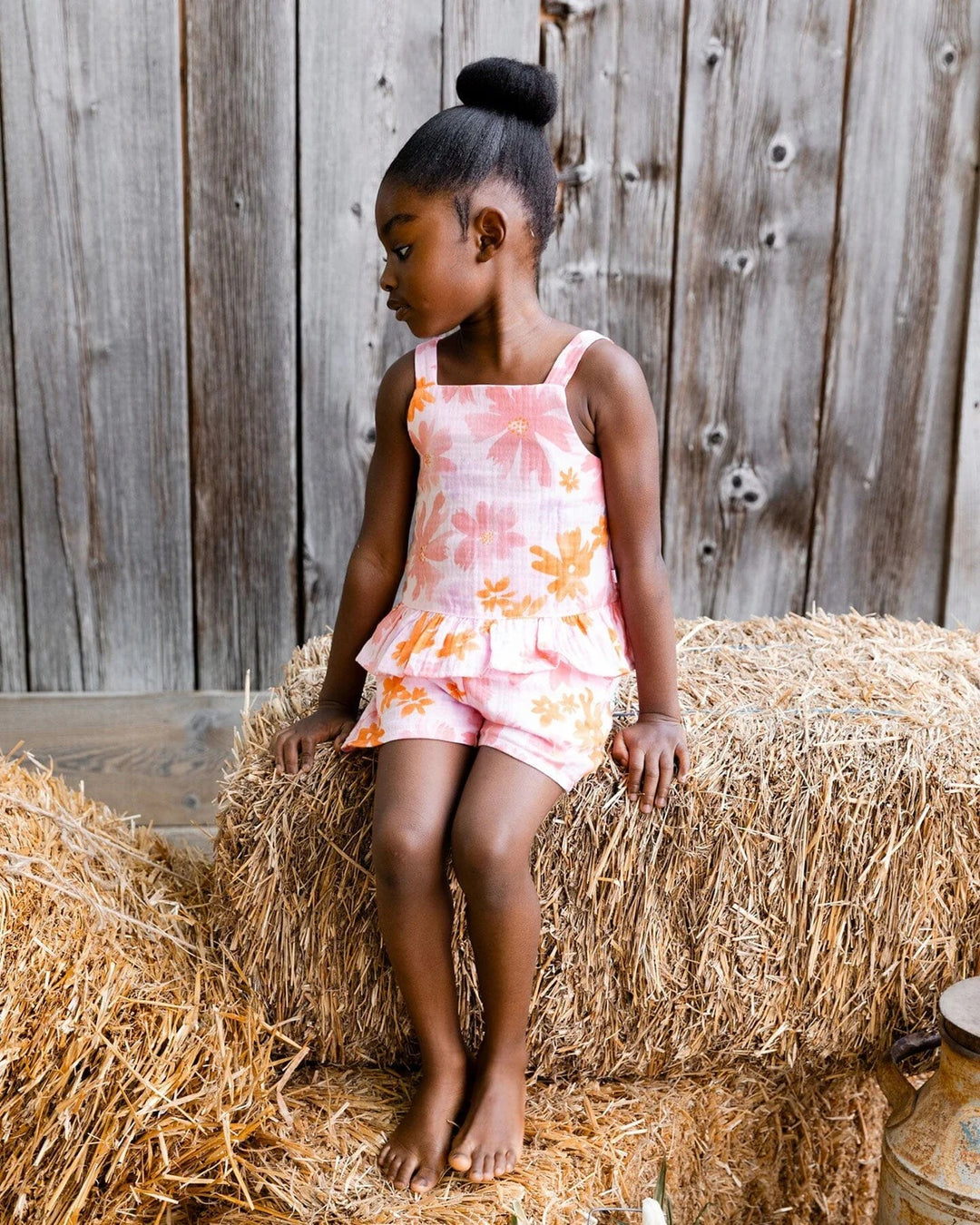 Printed Tank Top And Short Muslin Set With Frills Pink And Coral Flowers
