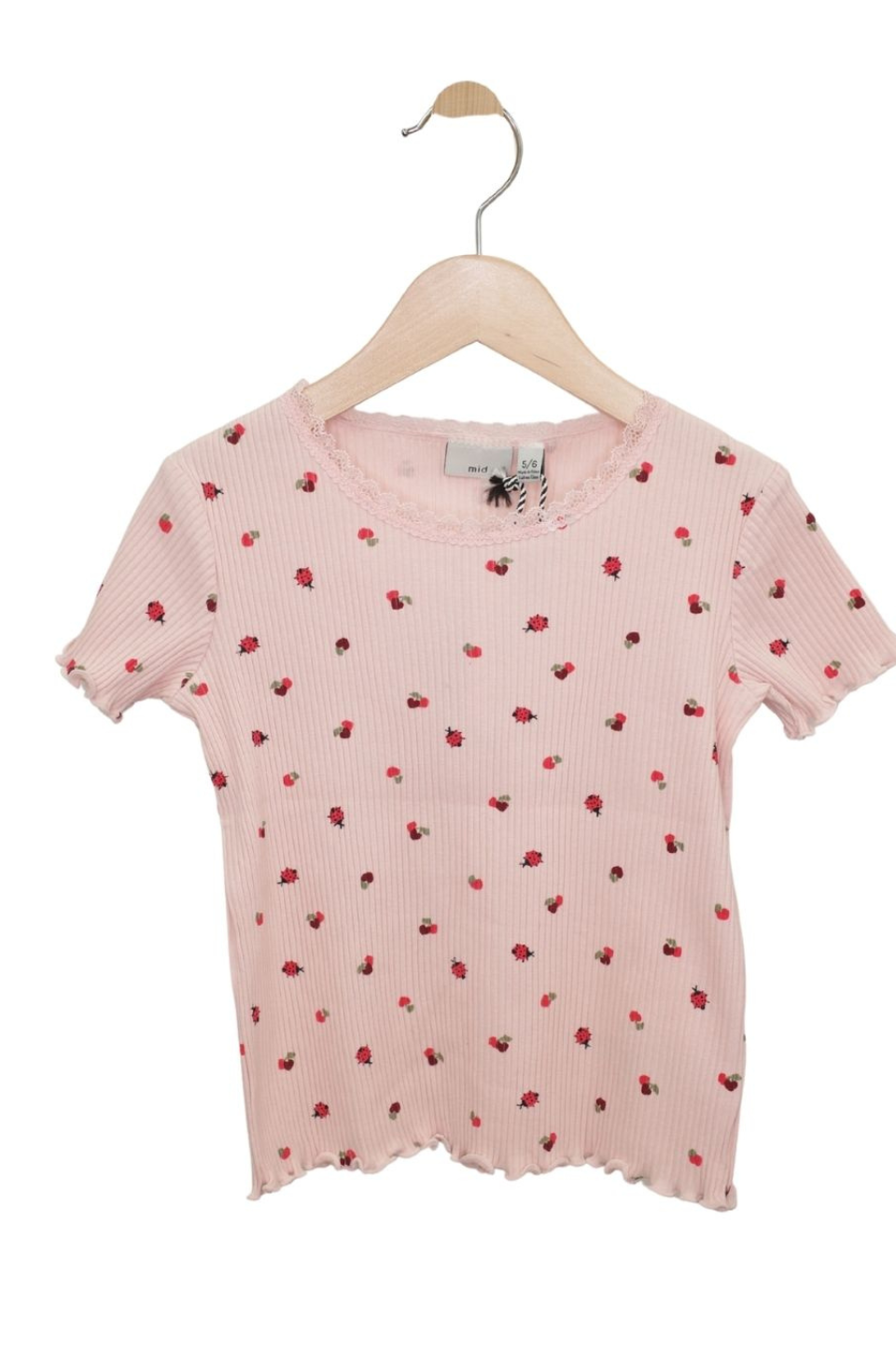 Girls’ Pink Ribbed Tee with Lace Trim - Hot Peppers Clothing