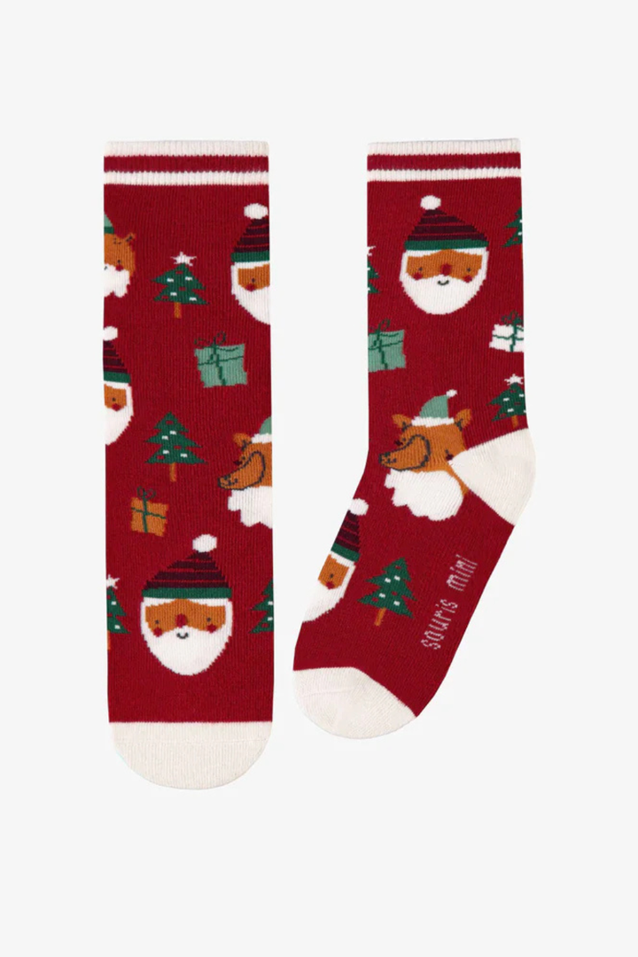 Red socks with festive patterns