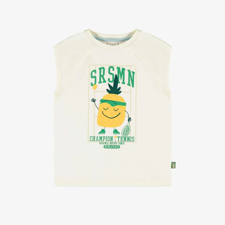 Cream sleeveless t-shirt in jersey with illustration