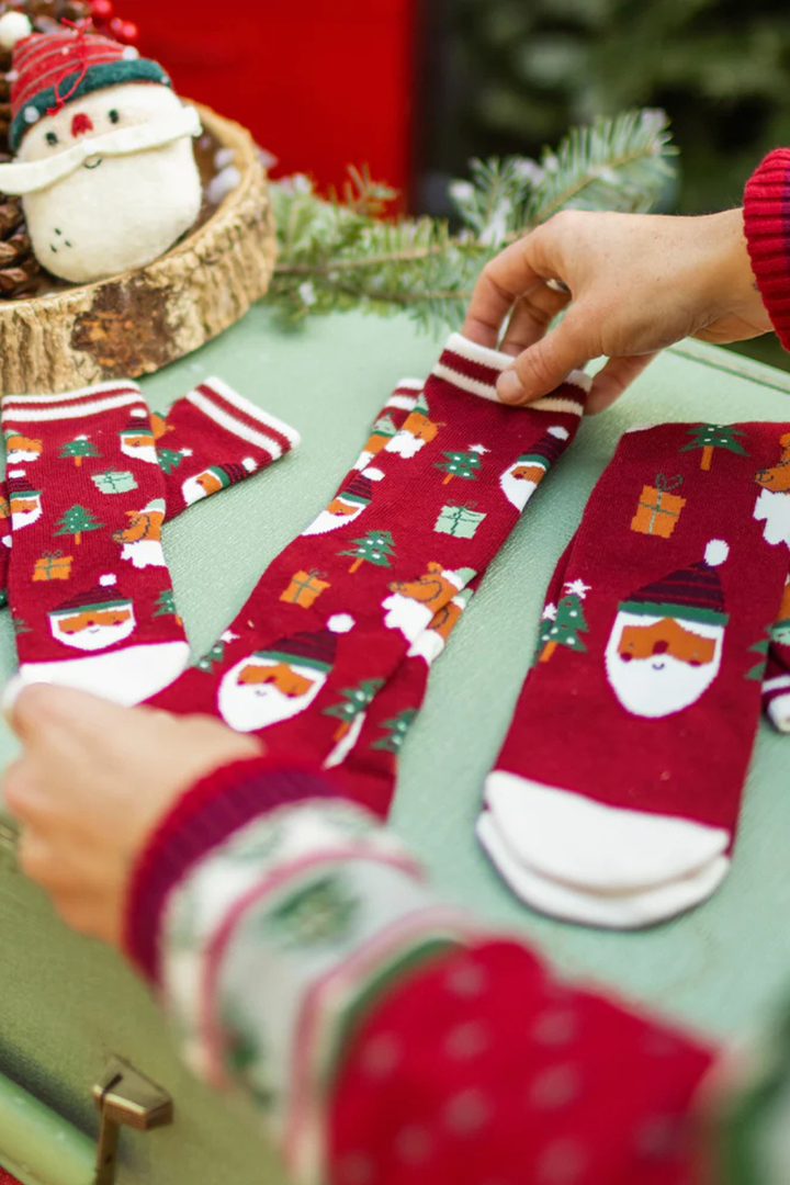 Red socks with festive patterns