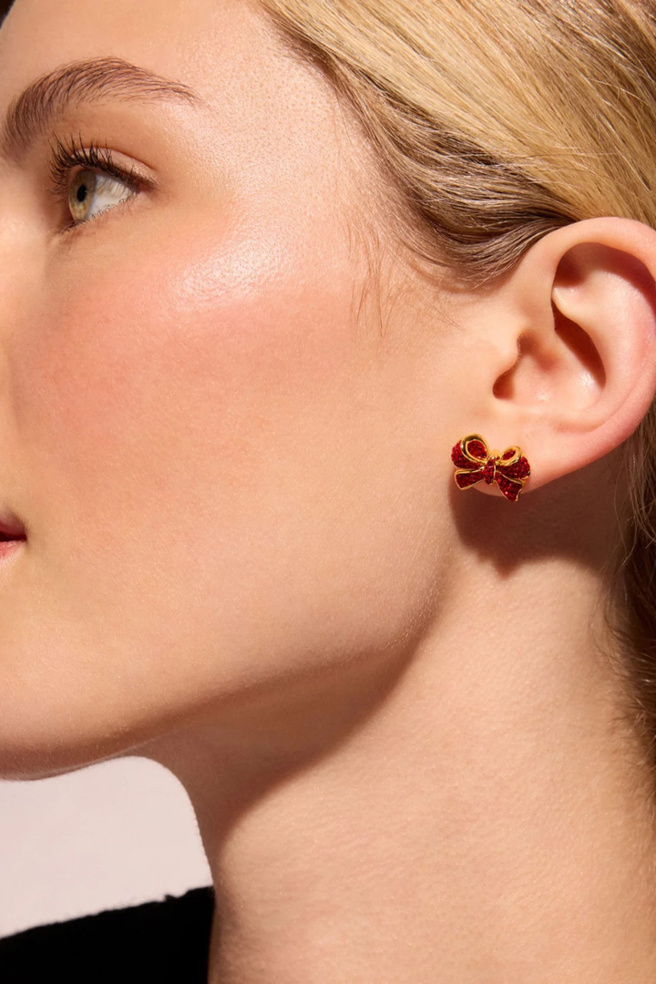 Red Velvet Sparkle Bow Stud Earrings