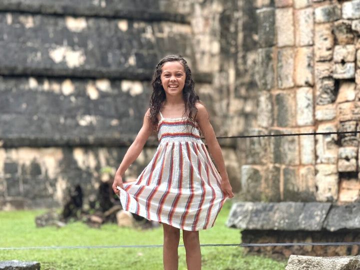 Shirred Strappy Sundress in Raspberry Stripe