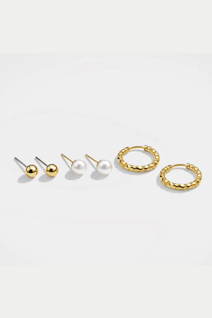 Gold Stainless Steel &amp; Pearl Earring Set