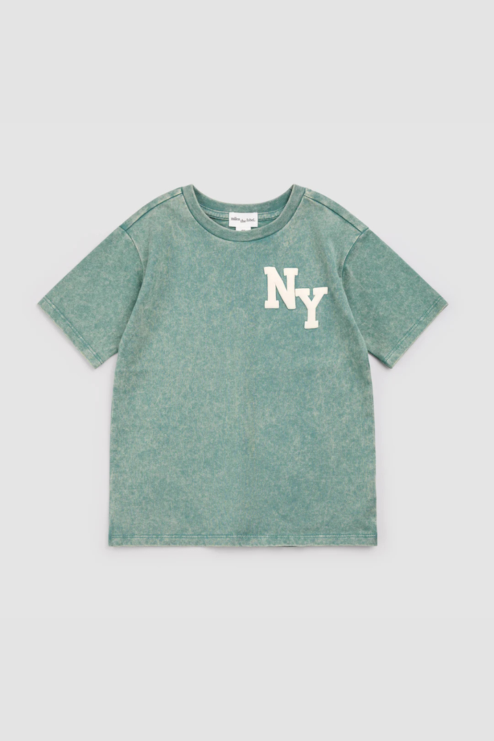 NYC Puff Print on Green Acid Wash T-Shirt - Hot Peppers Clothing