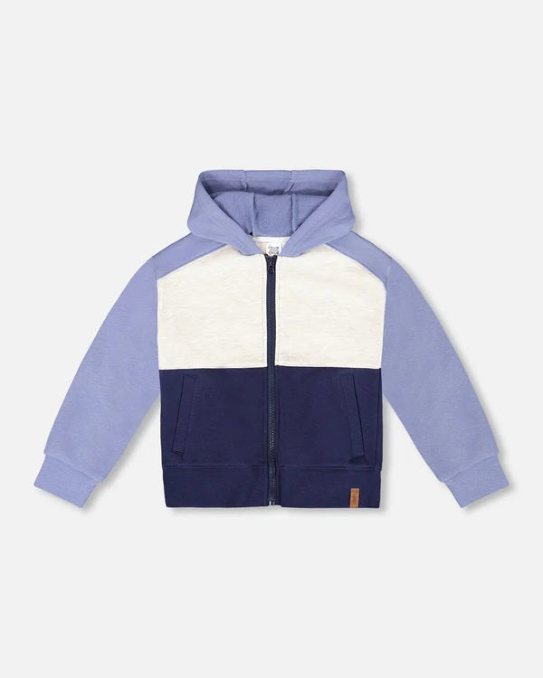 Blue Sleeves and Hood, Navy bottom, White Upper Chest Colour Blocking, Full zip closure, Long sleeve hooded sweatshirt, Slant pockets