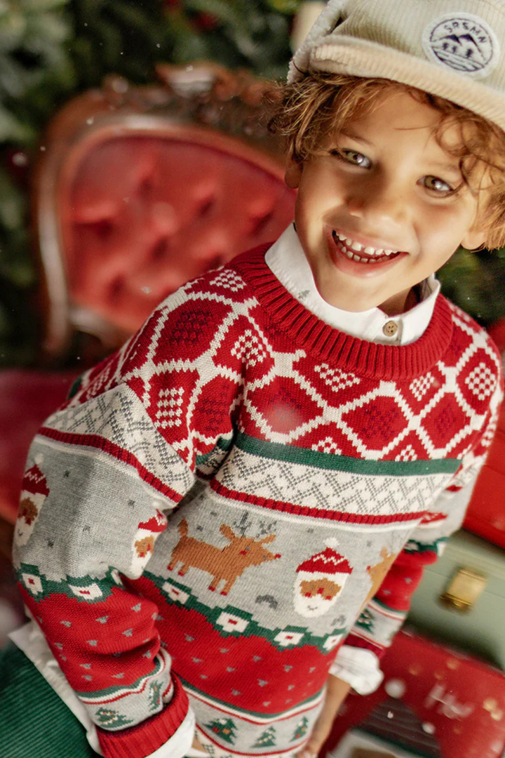 Red knit sweater with festive patterns