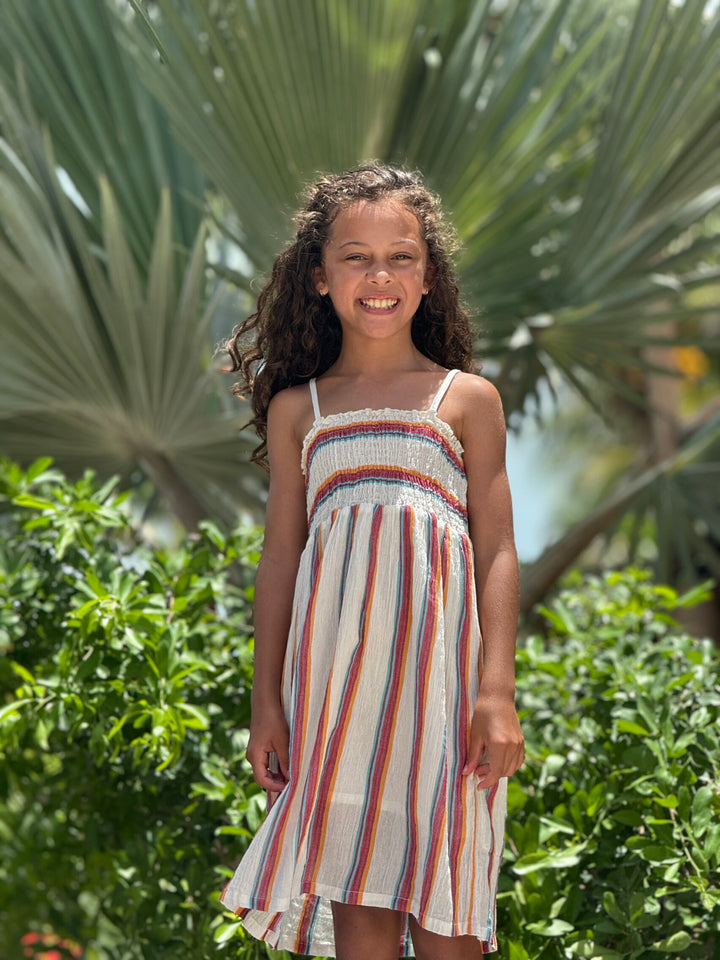 Shirred Strappy Sundress in Raspberry Stripe