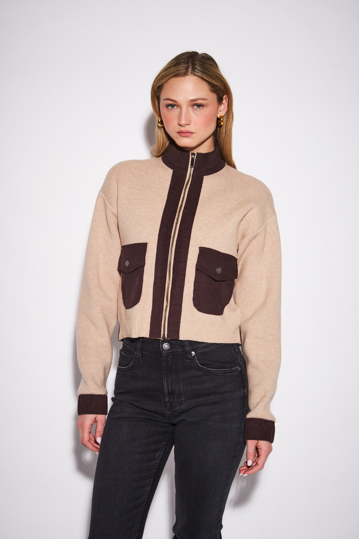 John + Jenn Camilla Contrast Zip-Up Cardigan