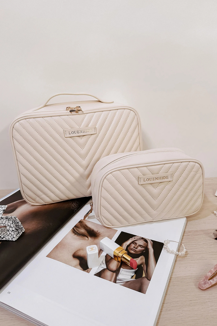 Maggie Lacey Quilted Cosmetic Bag Set in Vanilla