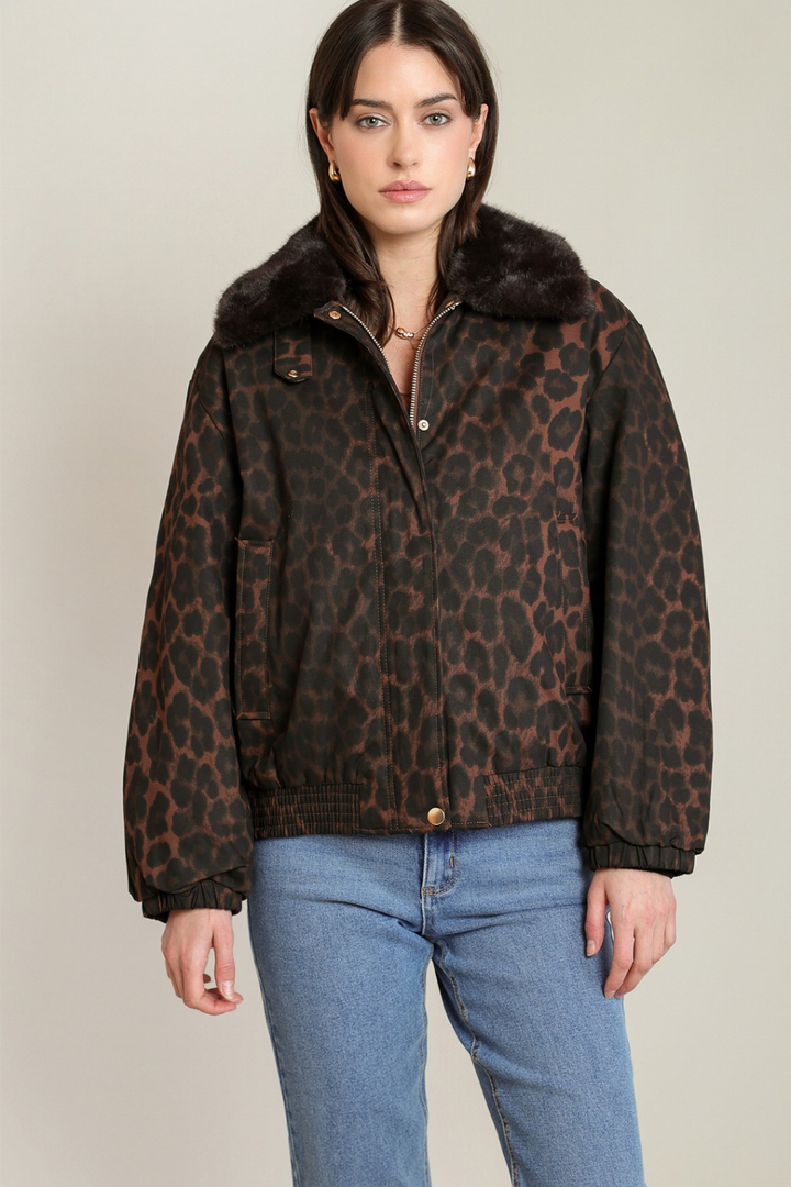 Black Tape Saskia Leopard Padded Bomber Jacket