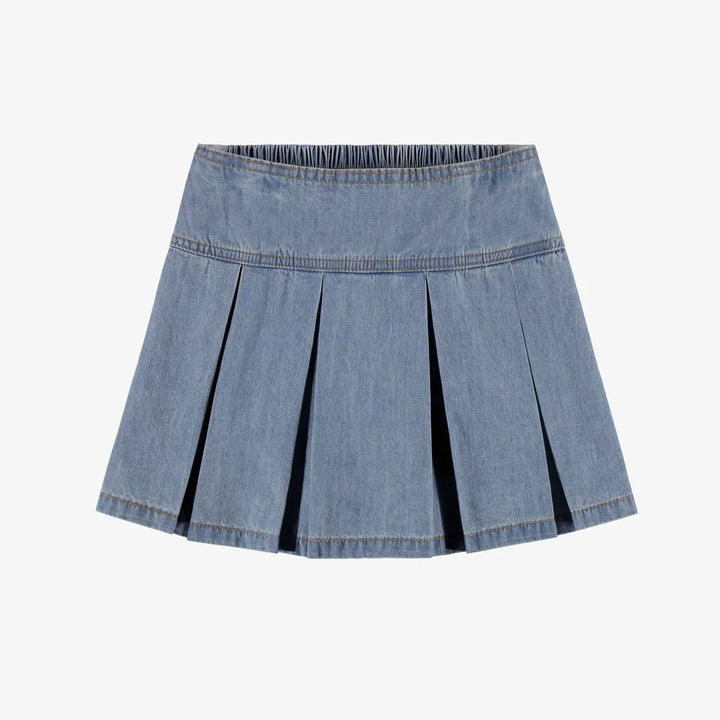Light blue pleated skort in lightweight denim