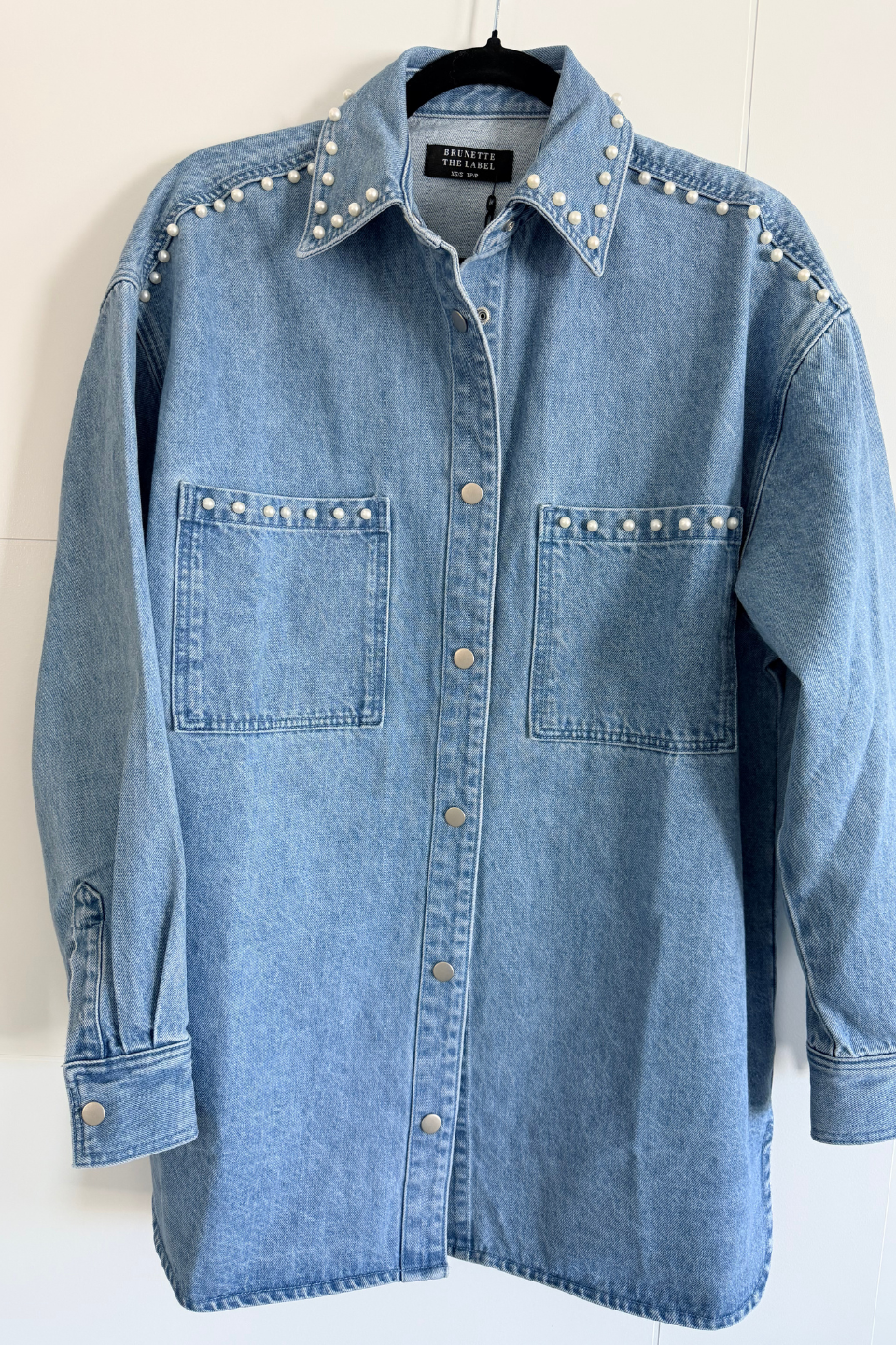 BRUNETTE The Label Shania Denim Jacket in Blue with Pearls - Hot Peppers Clothing