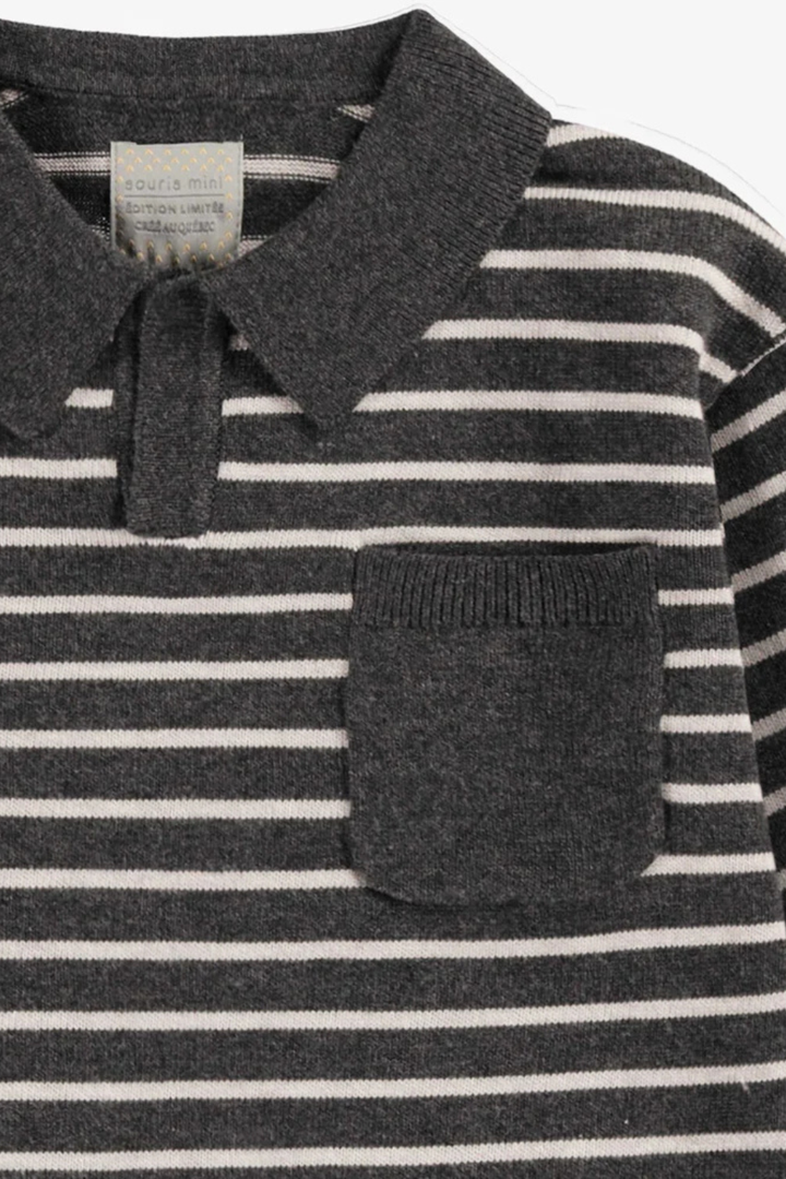 Gray striped knit polo shirt