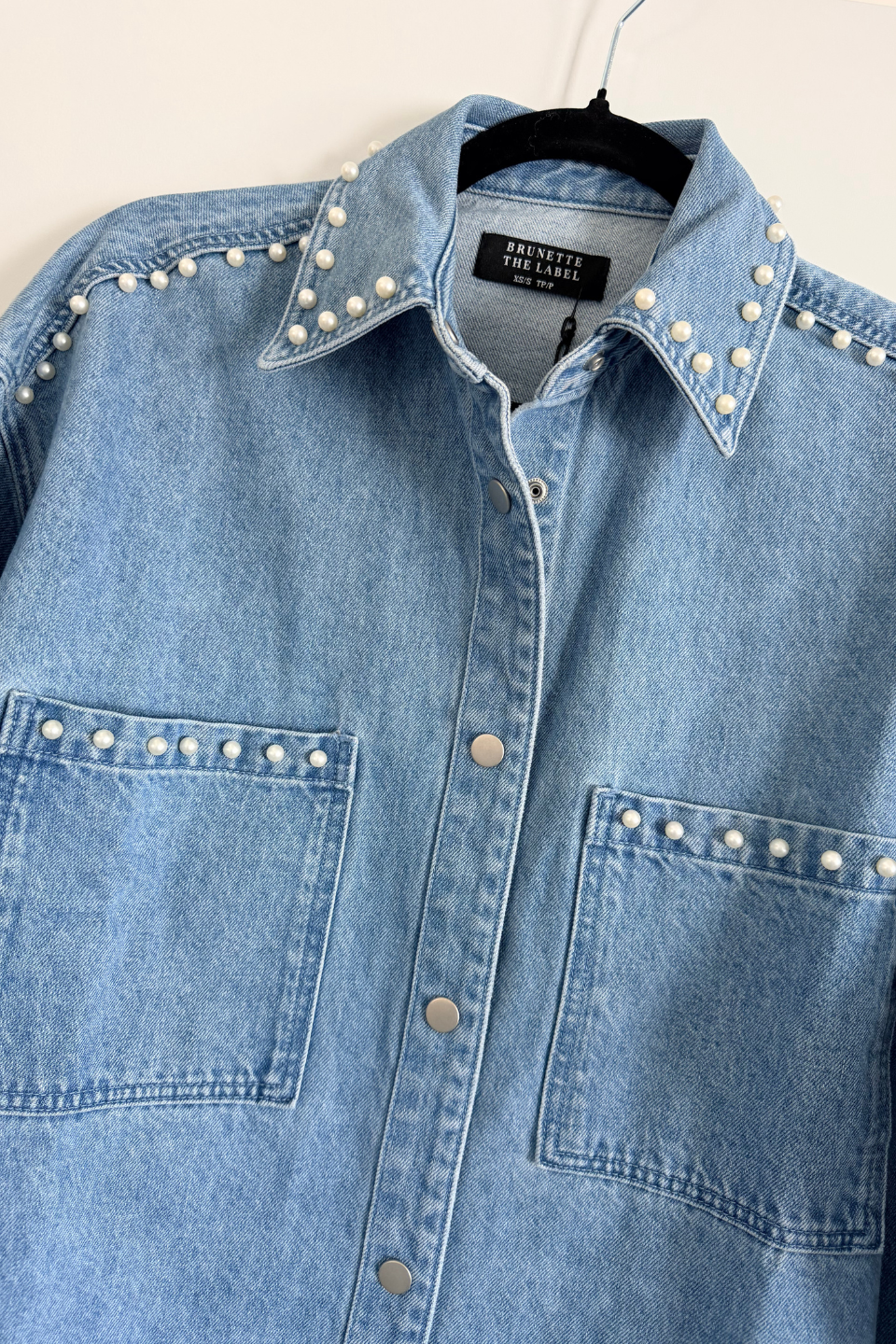 BRUNETTE The Label Shania Denim Jacket in Blue with Pearls - Hot Peppers Clothing