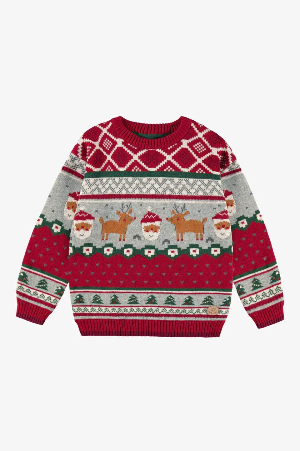 Red knit sweater with festive patterns