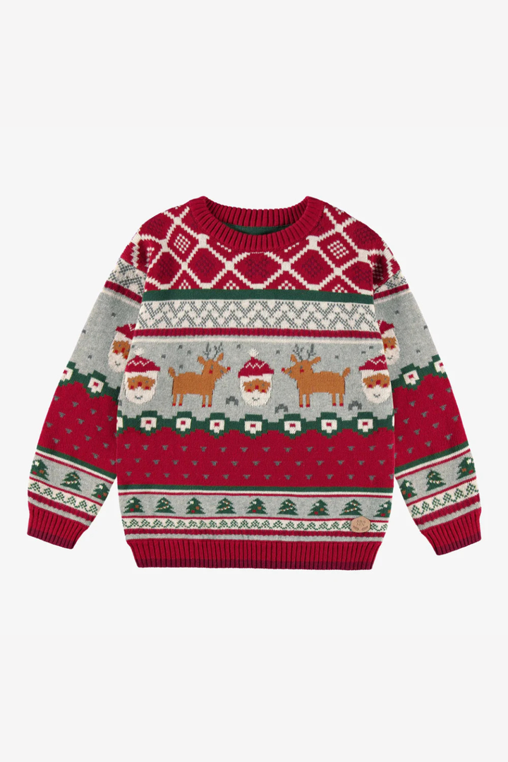 Red knit sweater with festive patterns