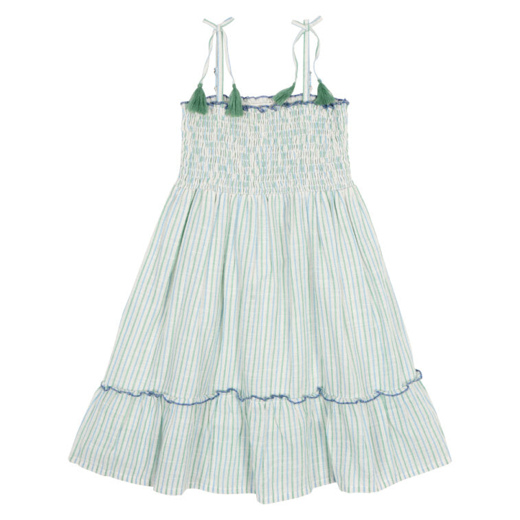 Shirred Strappy Sundress in Green Stripe