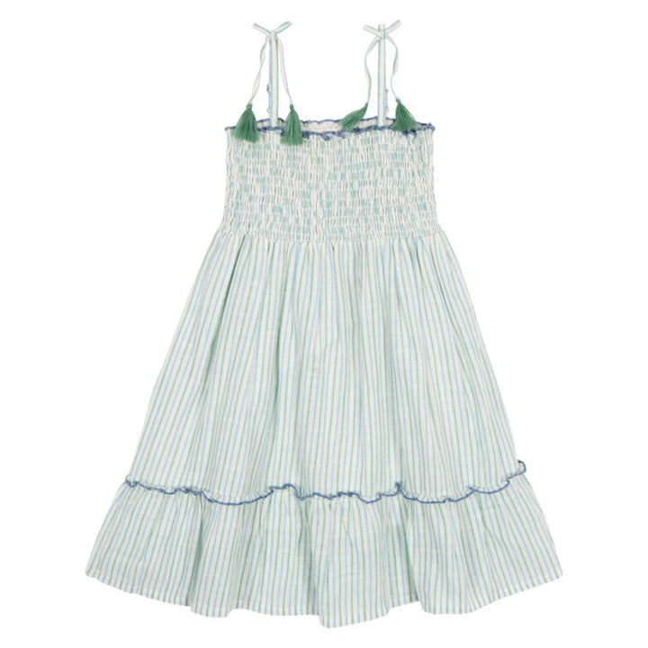 Shirred Strappy Sundress in Green Stripe