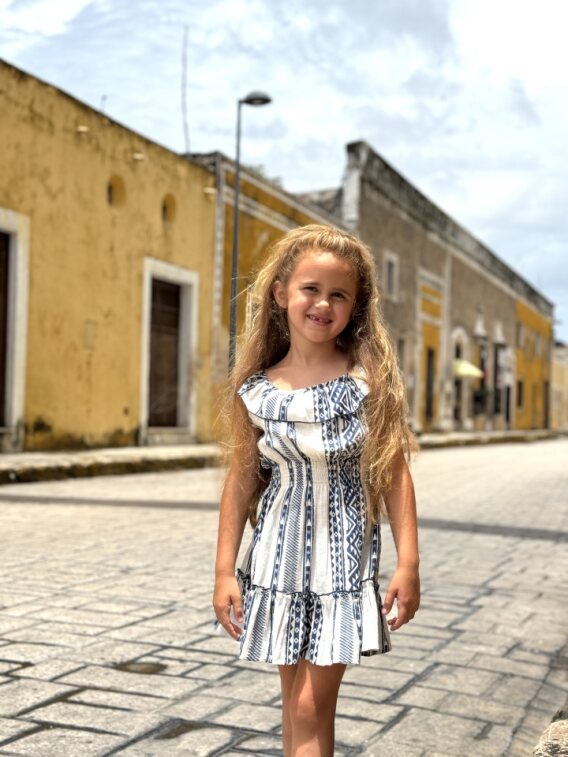 SHIRRED WAIST SUNDRESS in Blue