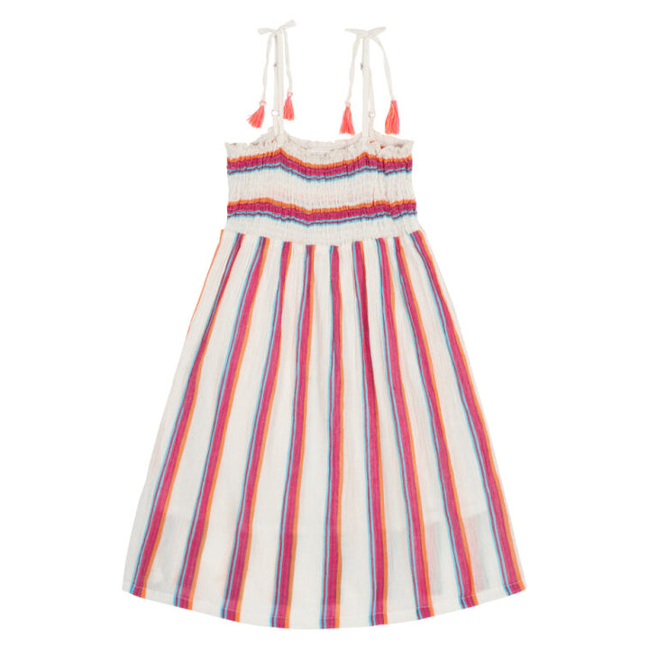 Shirred Strappy Sundress in Raspberry Stripe