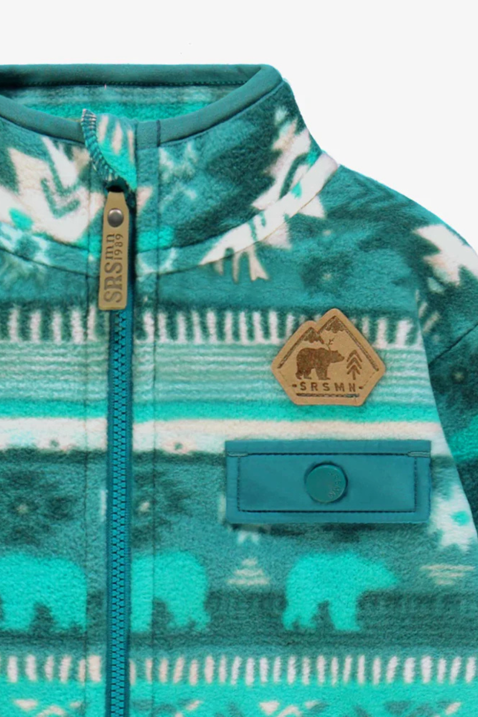 Turquoise fleece jacket with patterns